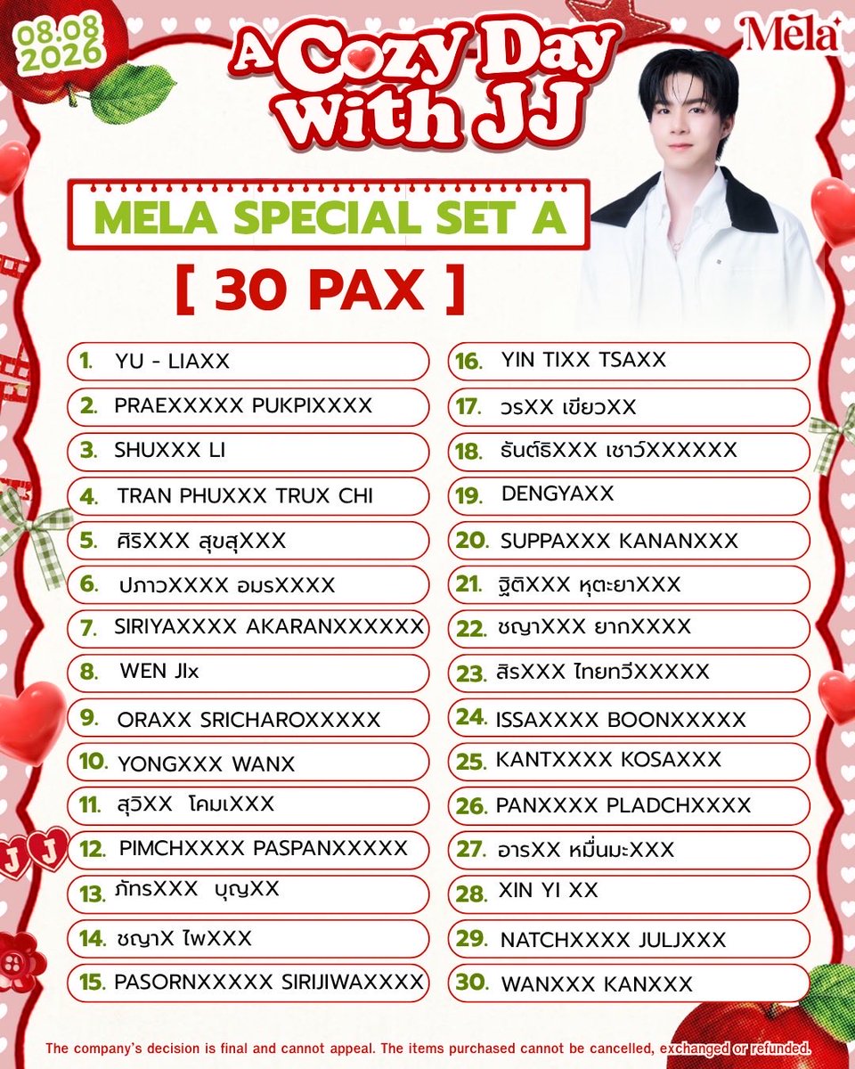 Mela_Brand's tweet photo. 📣ประกาศรายชื่อผู้โชคดี 
จากกิจกรรม  𝐌𝐞𝐥𝐚 𝐀 𝐂𝐨𝐳𝐲 𝐃𝐚𝐲 𝐰𝐢𝐭𝐡 𝐉𝐉  🥕🫶
ผู้ได้รับสิทธิ์ทุกท่าน จะได้รับเมลล์ยืนยันสิทธิ์
พร้อมกำหนดการณ์ต่างๆ อีกครั้งค่ะ
ขอบคุณทุกท่านที่สนับสนุนกิจกรรมเมล่าอย่างอบอุ่นค่ะ🙏
หวังว่าจะได้พบกันอีกงานต่อไปนะคะ!!

📣Announcement of the winners of the event:
 𝐌𝐞𝐥𝐚 𝐀 𝐂𝐨𝐳𝐲 𝐃𝐚𝐲 𝐰𝐢𝐭𝐡 𝐉𝐉  🥕🫶
All winners will receive a confirmation email
along with the schedule.

Thank you for supporting the Mela event! 🙏
Hope to see you again at the next event!!

MELA A COZY DAY WITH JJ
#MELAxJJ
#jj_rcp
#MeLa #MelaThailand
