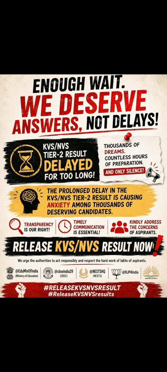 Bguptas612's tweet photo. CBSE जी, 12th की री-चेकिंग में तो आपने रिकॉर्ड टाइम दिखाया, लेकिन KVS/NVS/EMRS के लाखों अभ्यर्थी 3 महीने से रिजल्ट का इंतजार कर रहे हैं। क्या हम शिक्षक बनने वाले युवाओं का भविष्य आपके लिए इतना सस्ता है?@cbseindia29
 @KVS_HQ
 @NESTSHQ
 #Emrs #kvs #nvs  #ReleaseEMRSResult https://t.co/hL5987VSbV