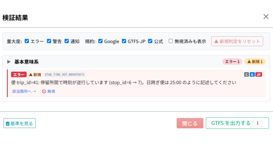 buscatch's tweet photo. 【公共交通機関向け バスキャッチ】
GTFSデータは「作る」から「無理なく続ける」へ。

「バスキャッチ」がGTFS-JPの作成・継続運用機能をリリース。

運行設定とデータ管理を一体化。日本語でエラーを確認でき、ダイヤ改正時も自治体や運行事業者が更新しやすくなります。詳細はリプ欄へ。 https://t.co/W1s5AEgnmM