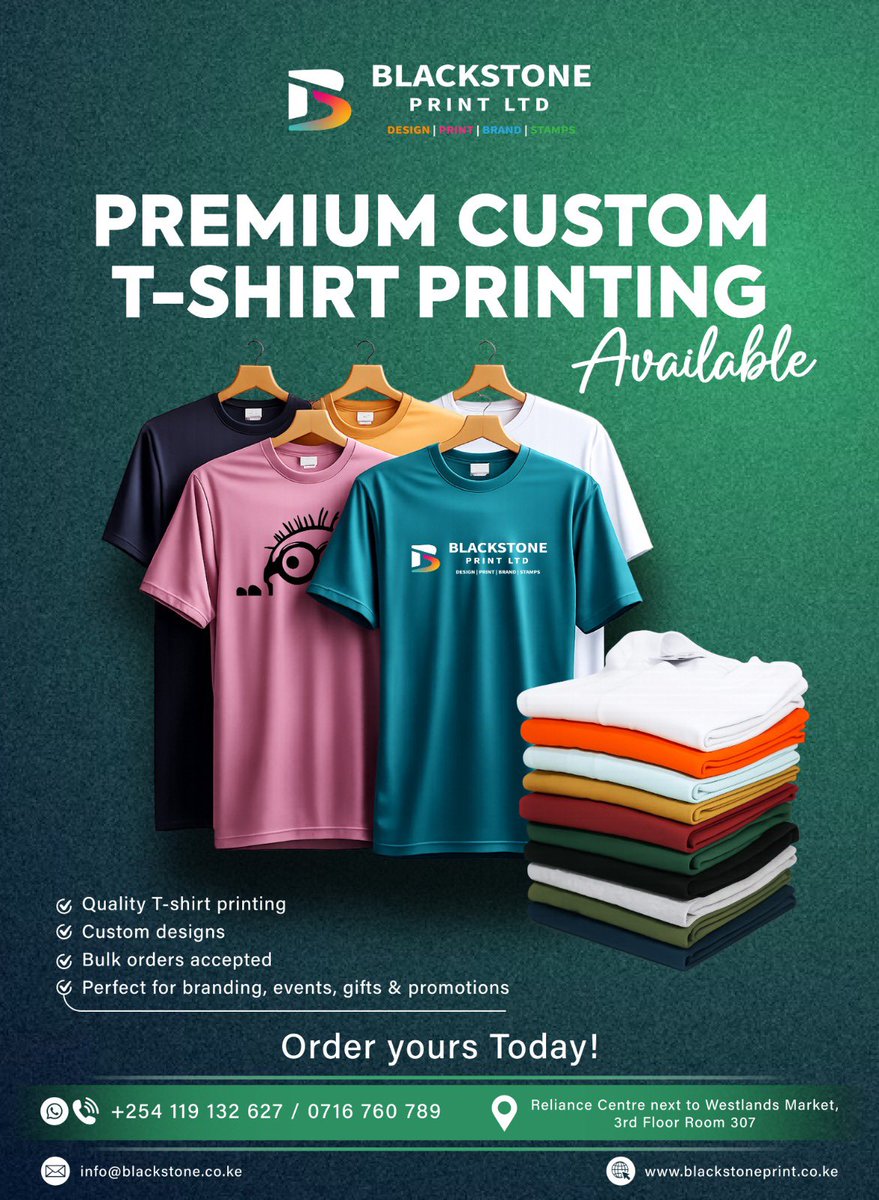 Blackstoneke's tweet photo. Did you know? High-quality custom apparel boosts team morale and creates a lasting impression on clients.

From custom designs to bulk orders, we've got your branding covered. Order yours this Friday

📞 07119132627 

https://t.co/l5hZ5o7tBp

#BlackstonePrint #EventBranding https://t.co/8syPqbhwZf
