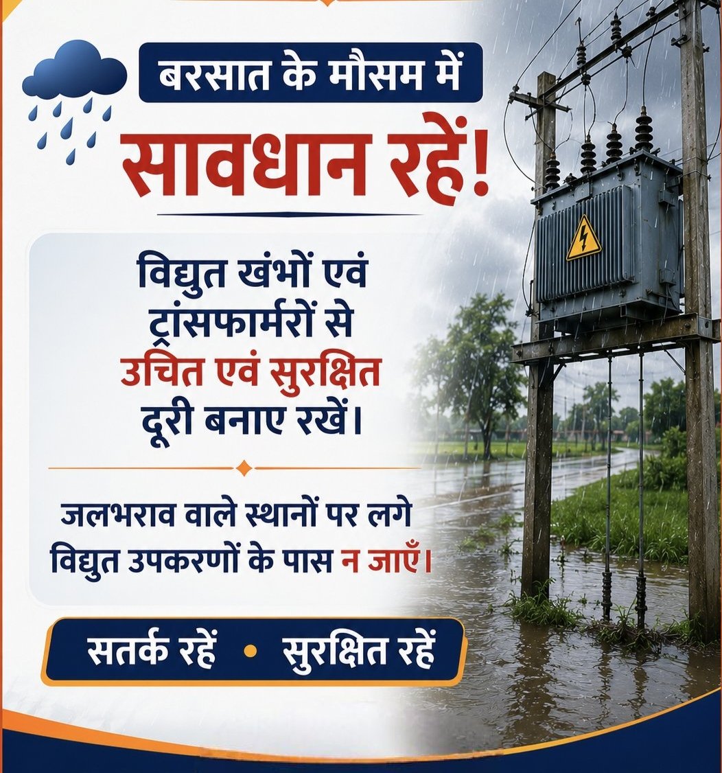 EddShrawasti's tweet photo. बरसात के मौसम में विद्युत खंभों एवं ट्रांसफार्मरों से सुरक्षित दूरी बनाए रखें तथा जलभराव वाले स्थानों पर विद्युत उपकरणों के पास न जाएँ।
📞 सहायता हेतु कंट्रोल रूम: 7380338988,1912 https://t.co/k7OKuQLz5C