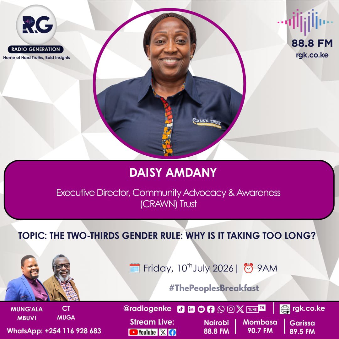 crawntrustkenya's tweet photo. Our Executive Director, Daisy Amdany, joins #ThePeoplesBreakfast this morning to discuss the implementation of the Two-Thirds Gender Rule and why it continues to face delays.
Catch the conversation live from 9am - https://t.co/76JdPTlJQg
#CRAWNTrust https://t.co/BHXlLYrAZJ