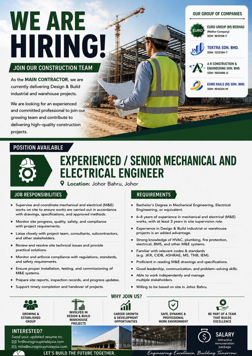 IzzAzizs's tweet photo. 🧰 WE'RE HIRING | MULTIPLE POSITIONS 🧰

Open positions:
Site Supervisor
Site Clerk
Mechanical &amp; Electrical Engineers

If you aren't currently looking &amp; knows someone who are, we appreciate it if you could let them know! 🤜🤛

📞 Send your resumes to:
hr@eurogroupmalaysia.com https://t.co/DIIFtrOzR5