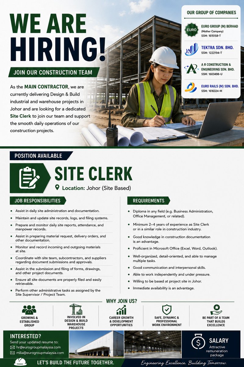 IzzAzizs's tweet photo. 🧰 WE'RE HIRING | MULTIPLE POSITIONS 🧰

Open positions:
Site Supervisor
Site Clerk
Mechanical &amp; Electrical Engineers

If you aren't currently looking &amp; knows someone who are, we appreciate it if you could let them know! 🤜🤛

📞 Send your resumes to:
hr@eurogroupmalaysia.com https://t.co/DIIFtrOzR5
