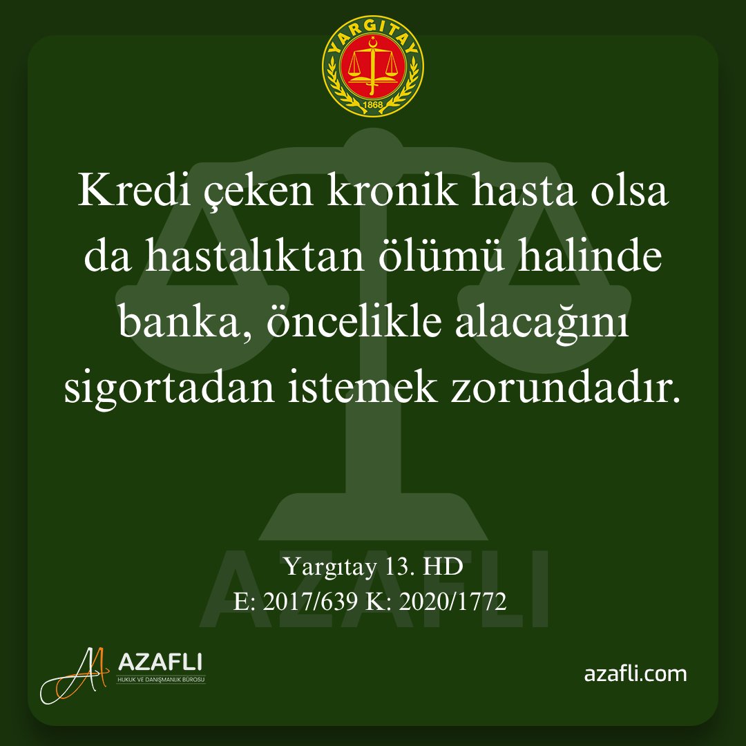 aazafli's tweet photo. Kredi çeken kronik hasta olsa da hastalıktan ölümü halinde banka, öncelikle alacağını sigortadan istemek zorundadır.
Yargıtay 13. HD
E: 2017/639 K: 2020/1772 https://t.co/ZHCHJ0cVIe