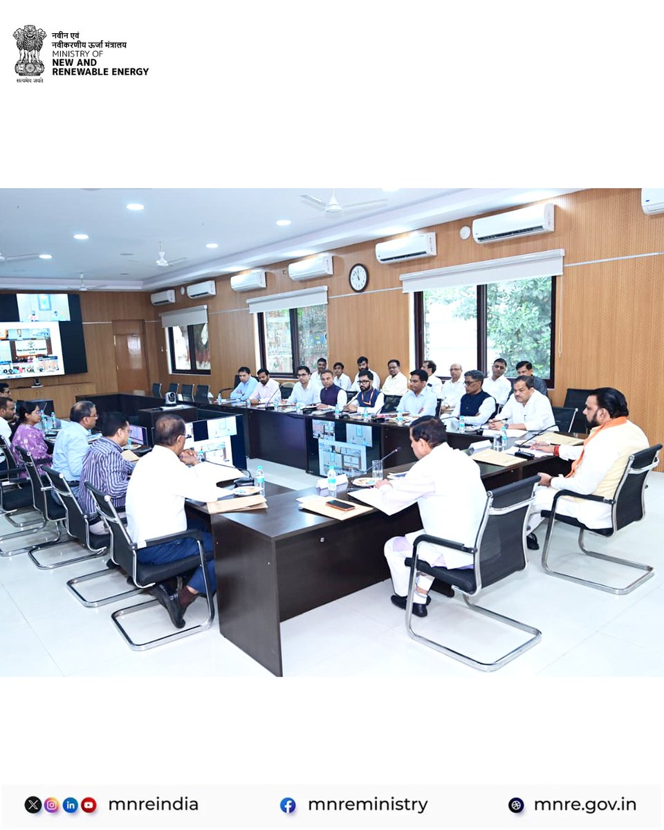 mnreindia's tweet photo. Hon'ble Union Minister for New & Renewable Energy, Shri Pralhad Joshi along with Hon'ble Chief Minister of Bihar, Shri Samrat Choudhary co-chaired a comprehensive review meeting on Bihar's #RenewableEnergy sector with senior State officials and District Magistrates in Patna.

The meeting focused on accelerating rooftop solar deployment under PM Surya Ghar: Muft Bijli Yojana through the Utility-Led Aggregation model, increasing installation pace, addressing financing bottlenecks, promoting Model Solar Villages, fast-tracking government building solarisation, and strengthening awareness and outreach.

The review also covered expediting PM-KUSUM implementation through feeder solarisation and standalone solar pumps, enhancing preparedness for PM-KUSUM 2.0, advancing Floating Solar projects with Energy Storage Systems, Small Hydro, Green Hydrogen, and Green Energy Corridor Phase-III to strengthen Bihar's clean energy infrastructure.

The meeting focused on accelerating rooftop solar deployment under PM Surya Ghar Muft Bijli Yojana through the Utility-Led Aggregation model, increasing installation pace, addressing financing bottlenecks, promoting Model Solar Villages, fast-tracking government building solarisation, and strengthening awareness and outreach.

#SolarEnergy #MNRE #Bihar