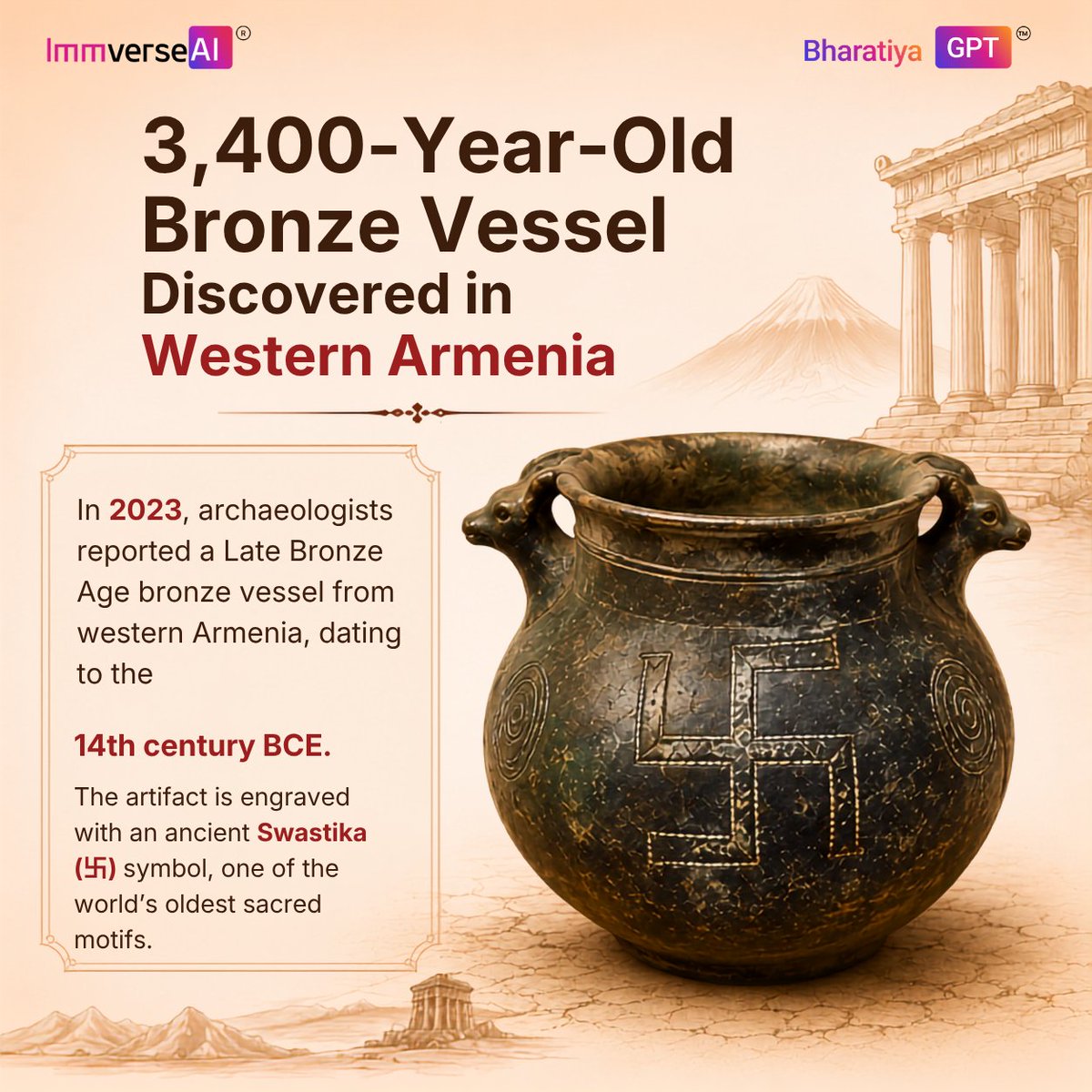Bharatiyagpt's tweet photo. A remarkable Bronze Age vessel discovered in the Mush region of Western Armenia, dating to the 14th century BCE, bears the Swastika one of the world's oldest sacred symbols.

Dating to the 14th century BCE, this remarkable bronze vessel from the Mush region of Western Armenia, associated with the Ararat Kingdom, is engraved with the Swastika (卐) one of humanity's oldest sacred symbols.

The word "Swastika" originates from the Sanskrit "Svastika" (स्वस्तिक), derived from "Su" (good) and "Asti" (to be), meaning "that which brings well-being, prosperity, and auspiciousness." In Bharat, the Swastika has been revered for millennia as a symbol of dharma, harmony, cosmic order, and divine blessings.

Archaeological discoveries from the Indus–Sarasvati Civilization (c. 2600–1900 BCE) reveal the Swastika engraved on seals, pottery, and other artifacts. Its continued presence in Vedic traditions, Hinduism, Buddhism, and Jainism, as well as on temples, manuscripts, inscriptions, coins, and sacred rituals, makes it one of the world's oldest continuously living sacred symbols.

The appearance of the Swastika on this Armenian vessel highlights the interconnected nature of the ancient world. Historical evidence shows that Bharat maintained cultural and commercial exchanges with regions stretching across West Asia, Central Asia, and beyond through overland and maritime trade networks.

Discover the timeless wisdom of Bharat with BharatiyaGPT.

#BharatiyaGPT #AncientIndia #Swastika #AraratKingdom #BronzeAge #Archaeology #IndusSarasvati #IndianKnowledgeSystems #CivilizationalHeritage #AncientHistory #IndicWisdom #ImmverseAI