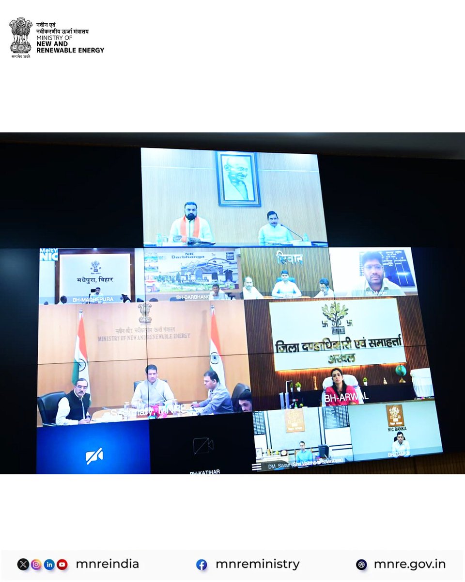 mnreindia's tweet photo. Hon'ble Union Minister for New & Renewable Energy, Shri Pralhad Joshi along with Hon'ble Chief Minister of Bihar, Shri Samrat Choudhary co-chaired a comprehensive review meeting on Bihar's #RenewableEnergy sector with senior State officials and District Magistrates in Patna.

The meeting focused on accelerating rooftop solar deployment under PM Surya Ghar: Muft Bijli Yojana through the Utility-Led Aggregation model, increasing installation pace, addressing financing bottlenecks, promoting Model Solar Villages, fast-tracking government building solarisation, and strengthening awareness and outreach.

The review also covered expediting PM-KUSUM implementation through feeder solarisation and standalone solar pumps, enhancing preparedness for PM-KUSUM 2.0, advancing Floating Solar projects with Energy Storage Systems, Small Hydro, Green Hydrogen, and Green Energy Corridor Phase-III to strengthen Bihar's clean energy infrastructure.

The meeting focused on accelerating rooftop solar deployment under PM Surya Ghar Muft Bijli Yojana through the Utility-Led Aggregation model, increasing installation pace, addressing financing bottlenecks, promoting Model Solar Villages, fast-tracking government building solarisation, and strengthening awareness and outreach.

#SolarEnergy #MNRE #Bihar