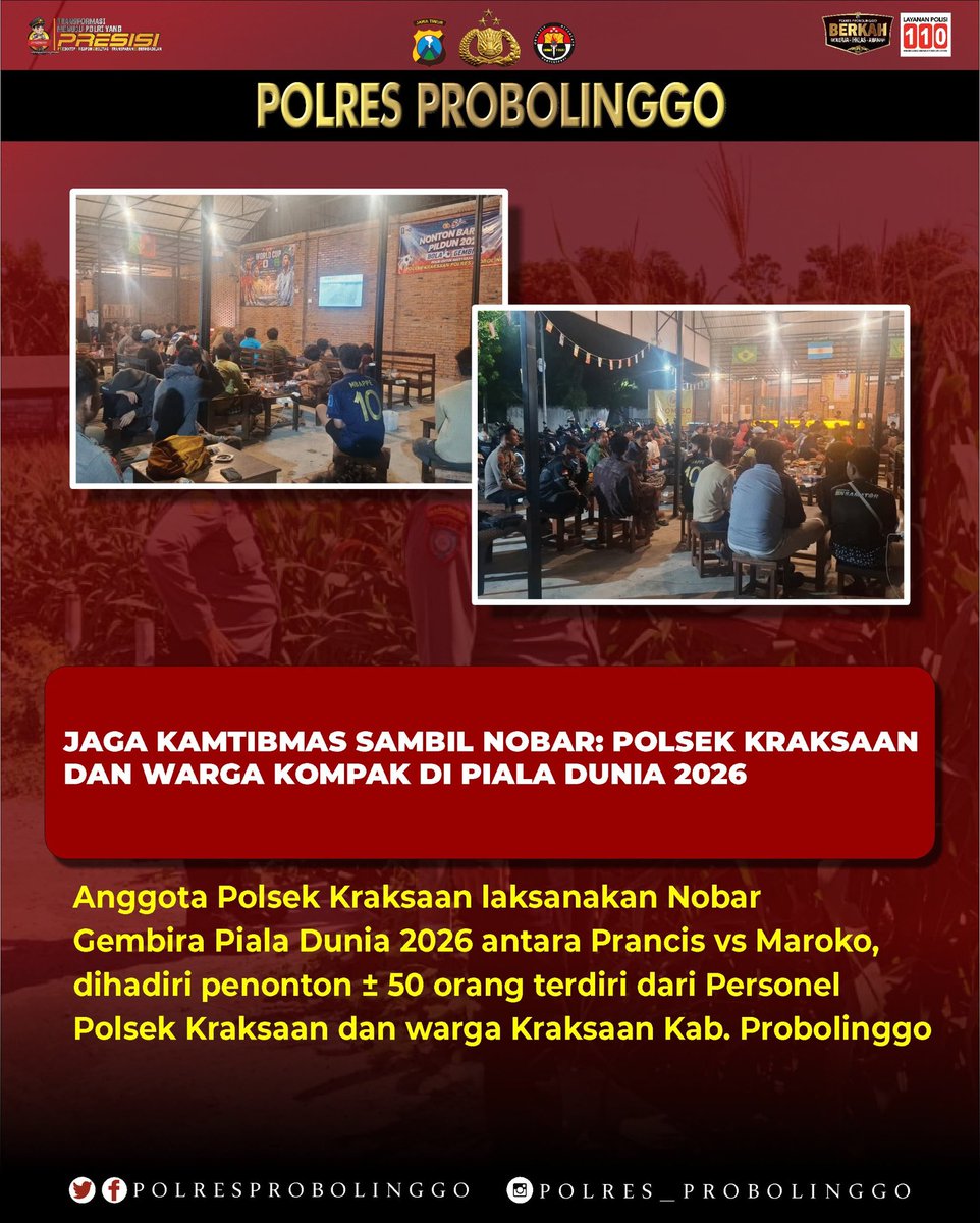 MapolsekT's tweet photo. Polsek Kraksaan bersama masyarakat menggelar Nonton Bareng Piala Dunia 2026 sebagai ajang mempererat silaturahmi sekaligus menjaga situasi kamtibmas tetap aman dan kondusif. https://t.co/0oXxZ5tjxD