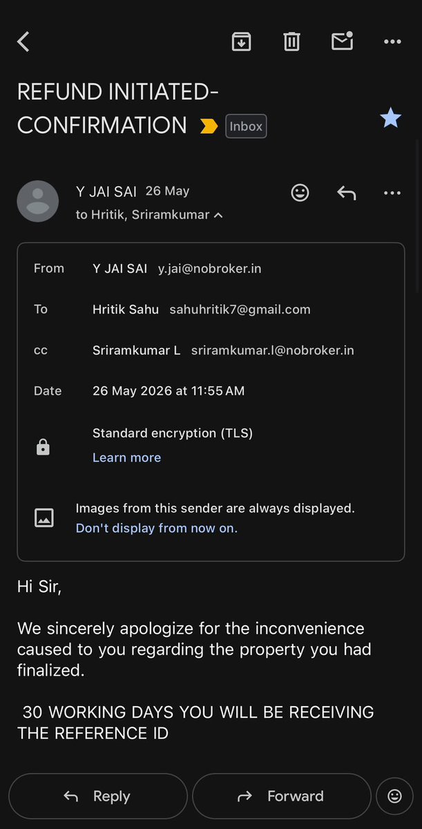 Hritik39549231's tweet photo. @nobrokercom Extremely disappointing! ₹27,999 paid based on your agent’s assurance. No property allotted. Refund confirmed by the team. 10+ follow-ups, countless emails, calls &amp; 2 months later, I still don’t have my money. Feels like a scam. @NoBrokerCare @AmitKumarA https://t.co/uvavpoQhqo