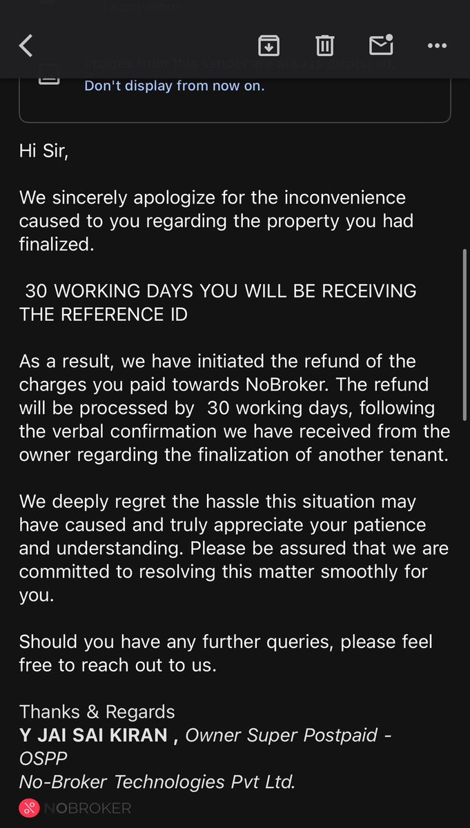 Hritik39549231's tweet photo. @nobrokercom Extremely disappointing! ₹27,999 paid based on your agent’s assurance. No property allotted. Refund confirmed by the team. 10+ follow-ups, countless emails, calls &amp; 2 months later, I still don’t have my money. Feels like a scam. @NoBrokerCare @AmitKumarA https://t.co/uvavpoQhqo