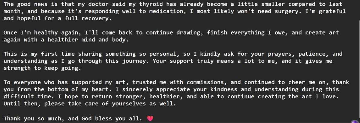 SpectreAzula's tweet photo. Hello everyone,

It's been a long while since I've been active online and creating art. I want to share an important update about my health.

Since Twit/X have limits on words, i have to post it as an image.. https://t.co/YrcGlrxYwb