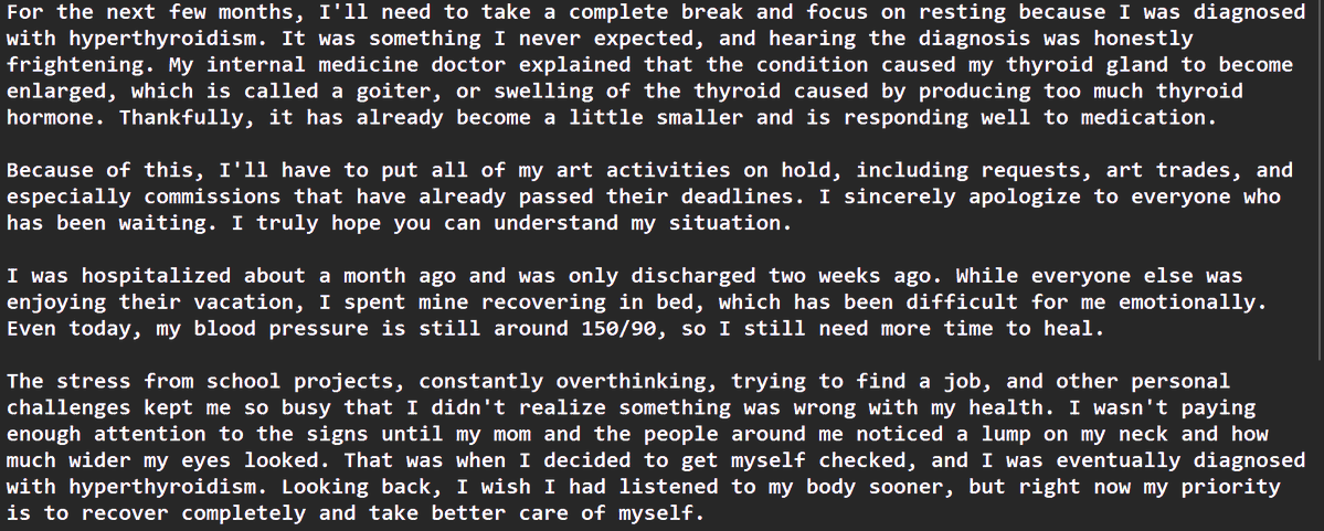 SpectreAzula's tweet photo. Hello everyone,

It's been a long while since I've been active online and creating art. I want to share an important update about my health.

Since Twit/X have limits on words, i have to post it as an image.. https://t.co/YrcGlrxYwb