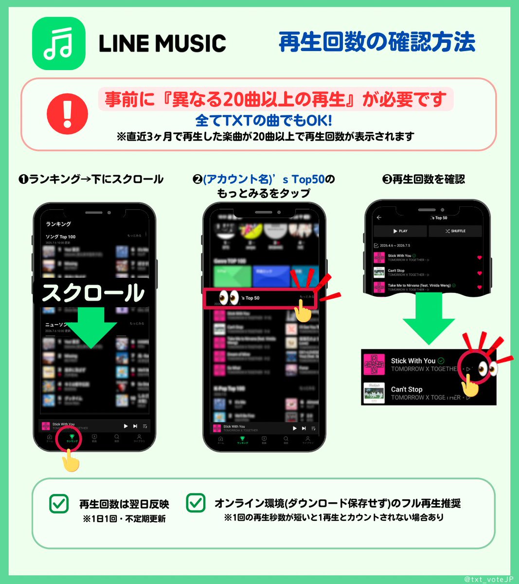 txt_voteJP's tweet photo. 🟩LINE MUSICでストリーミングしよう

アプリDL
🍎https://t.co/uPYvDPKGpl
🤖https://t.co/Vs5ypaIRcx

✅アーティストをフォロー ✅楽曲をお気に入り登録
✅ オンライン環境で再生推奨 ✅ 1曲フル再生推奨
✅プレイリストに追加 ✅SNSでシェア

⬇️ストリーミング方法 https://t.co/cmHMy65zcT