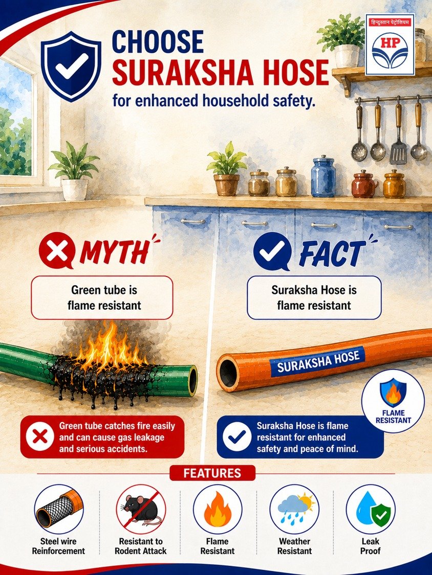 SamruddhiHpGas's tweet photo. ❌ Myth: Ordinary green tubes are flame resistant.

✅ Fact: HP Recommended Suraksha Hose is designed to be Flame Resistant, helping enhance safety in your kitchen.  

#SurakshaHose #HPGas #LPGSafety #samruddhihpgas #samruddhimitra 

@HPCL @HPGAS_HQO @Haziralpgro https://t.co/ROgqCZXc6O