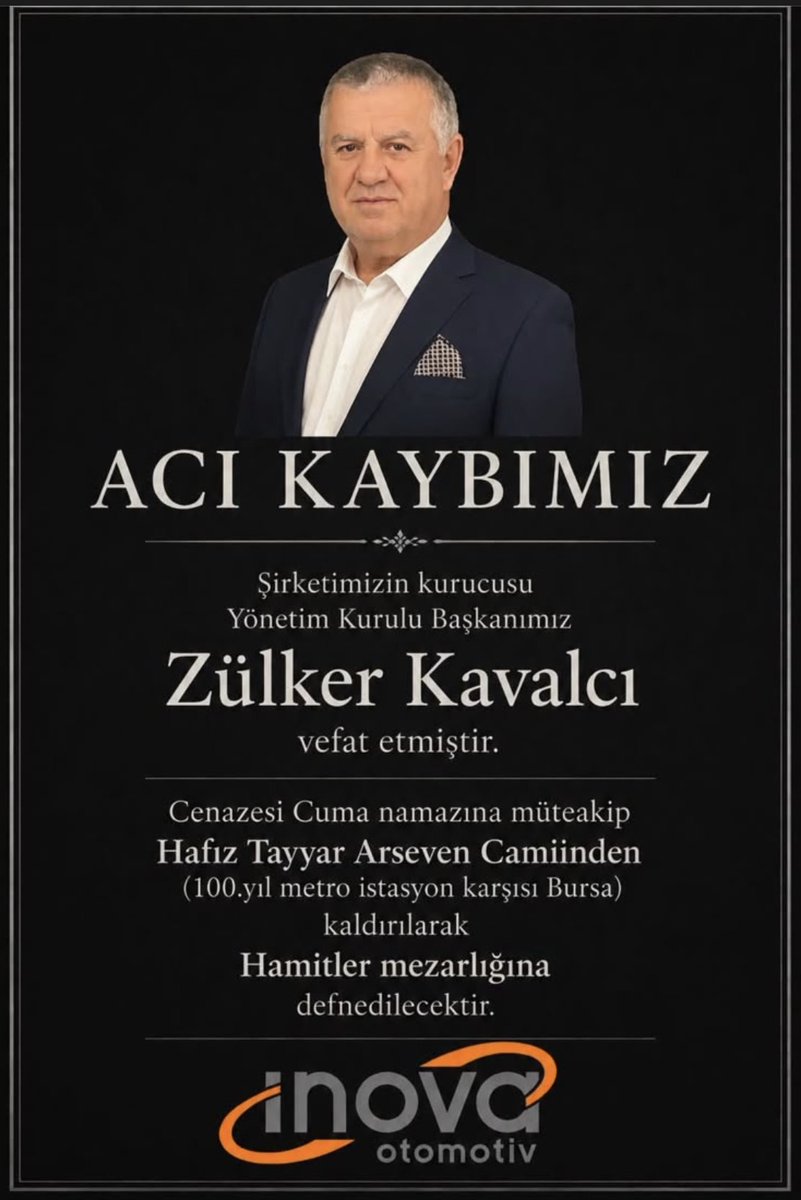 USgirisim's tweet photo. Kıymetli büyüğümüz, ortağımız, değerli iş insanı Zülker Kavalcı'nın vefat haberini derin bir üzüntüyle öğrenmiş bulunuyoruz.

Babacan kişiliği, mütevazılığı ve geride bıraktığı güzel hatıralarla daima saygı ve özlemle anılacaktır.

Merhum Zülker Kavalcı'ya Allah'tan rahmet; başta kıymetli ailesi olmak üzere tüm yakınlarına, İnova Otomotiv ailesine ve US Girişim ailesine sabır ve başsağlığı diliyoruz.

Mekânı cennet olsun.