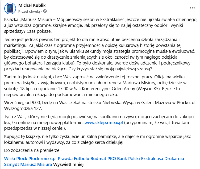 rmixxpl's tweet photo. Oficjalna wielka premiera książki odbędzie się w sobotę, 18 lipca o godzinie 17:00 w sali konferencyjnej Orlen Areny (Wejście K5). @KublikMicha @WislaPlockSA @PrawdaFutbolu @_Ekstraklasa_ https://t.co/TSTBwkfAH6