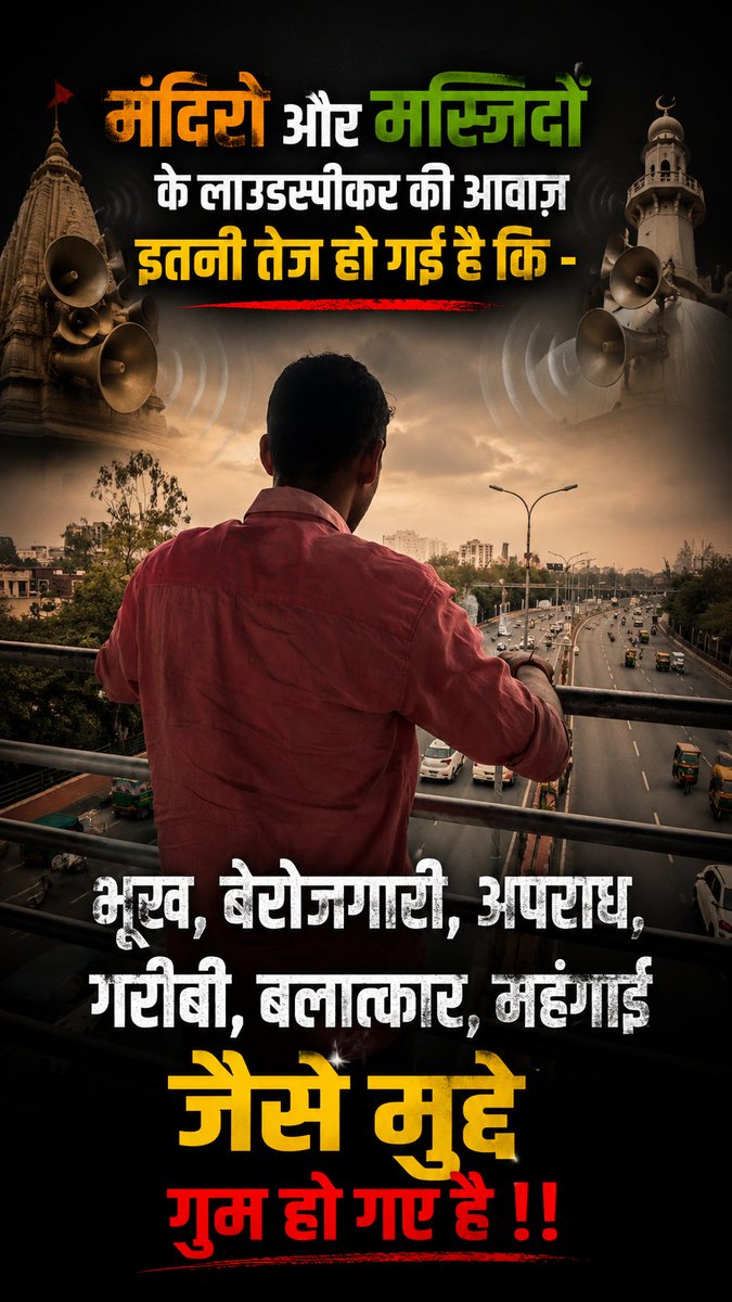 vikrambebak's tweet photo. मंदिरों और मस्जिदों के लाउडस्पीकर कि आवाज़ इतनी तेज हो गई है कि -

भूख, बेरोजगारी, अपराध, गरीबी, बलात्कार, महंगाई जैसे मुद्दे गुम हो गए हैं !! https://t.co/T8b2FOxKnQ