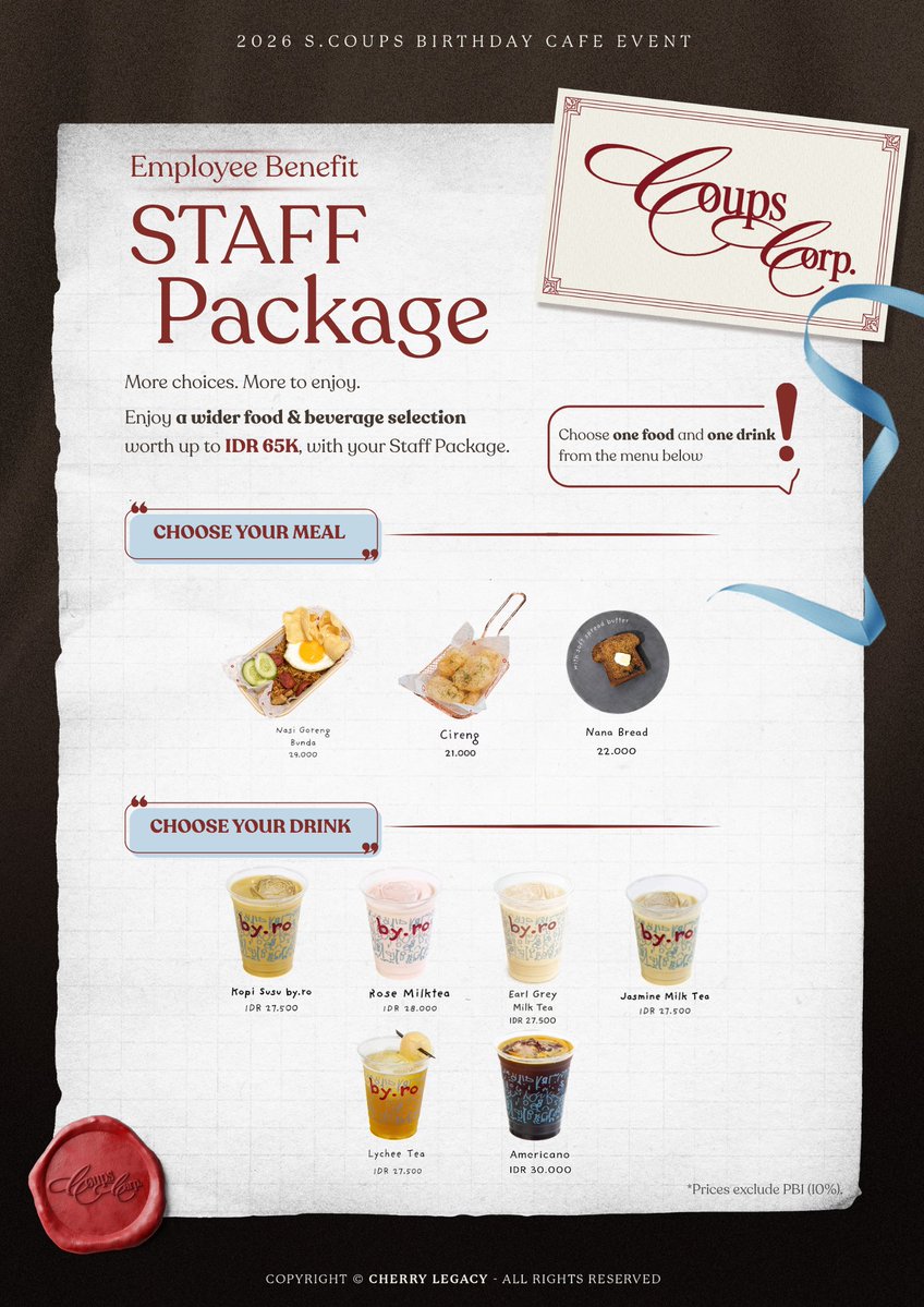 CherryLegacy's tweet photo. Employee Benefits are now available.
Explore the Food & Beverage Selection included with each package before Employee Applications open.
Which position will you apply for? 💼

📌 Food & beverage prices exclude PB1 (10%).

#COUPSCORP #에스쿱스 #최승철 #SCOUPSBirthdayEvent