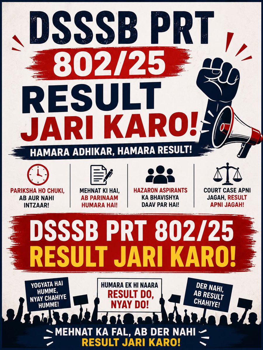 NitinMi6677's tweet photo. Enough delay. It’s time for action.

Release Result for Post Code 802/25 immediately. Thousands of deserving candidates cannot be kept waiting indefinitely. Our hard work deserves timely justice.

@dsssbofficial @LtGovDelhi @Amitkilkor @SandhuTaranjitS @gupta_rekha

#DSSSB_PRT https://t.co/3ZeFN4KPbX