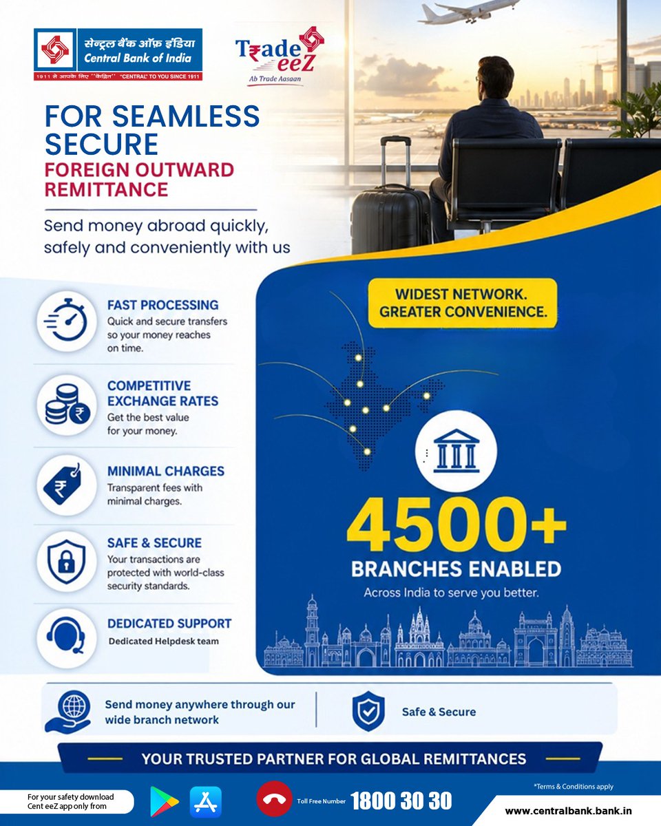 centralbank_in's tweet photo. Wherever life takes you, transfer funds overseas with ease through Central Bank of India. Experience secure, reliable, and hassle-free foreign remittance services backed by an extensive branch network and dedicated support.
#CentralBankOfIndia #TradeEez #CentralToYouSince1911 https://t.co/bdapvXaY0z