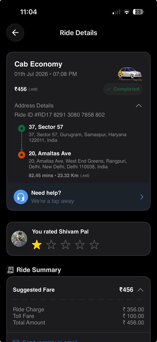 Ankitavijain's tweet photo. We paid the full fare but were never dropped and nearly missed our flight. Complaint raised in-app, but no action. We demand a full refund. https://t.co/XITmRf1kX2