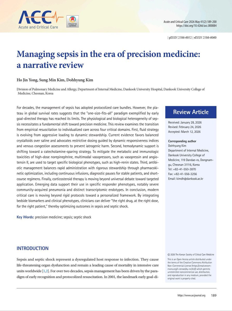 franciscojlk's tweet photo. 🦠Has sepsis entered the precision medicine era?

For more than two decades, sepsis management has been dominated by protocols, bundles, and standardized targets. Yet despite advances in supportive care, global mortality improvements have slowed, suggesting that a "one size fits all" strategy may have reached its limits. 

Sepsis is not a single disease.

Two patients with the same SOFA score, identical lactate concentrations and similar vasopressor requirements may represent completely different biological entities. One patient may benefit from aggressive fluid administration, while another develops pulmonary edema, venous congestion and acute kidney injury. 

Precision medicine proposes a different paradigm.

Instead of treating septic shock as a homogeneous syndrome, therapy should be tailored according to physiological, clinical and molecular phenotypes. 

Fluid therapy is moving from liberal loading toward dynamic stewardship. Balanced crystalloids appear preferable to saline, static variables such as CVP are progressively abandoned, and assessment of fluid tolerance with dynamic tests and venous congestion evaluation is becoming increasingly relevant. 

Hemodynamic support is also evolving.

The goal is no longer simply achieving a MAP above 65 mmHg.

The concept of decatecholaminization aims to minimize norepinephrine toxicity by introducing multimodal vasopressor strategies. Vasopressin may represent a kidney protective option in selected patients, while angiotensin II could become a targeted therapy for high renin phenotypes. 

Antimicrobial therapy is entering the same precision framework.

Continuous beta lactam infusions, carbapenem sparing approaches, shortened treatment durations and biomarker guided discontinuation strategies are increasingly supported by evidence. The objective is not only early treatment but optimized treatment. 

Perhaps the most intriguing field is immunomodulation.

The question is no longer whether corticosteroids work in sepsis.

The question is who responds.

Emerging transcriptomic analyses suggest that different sepsis endotypes may exhibit completely different responses to corticosteroid therapy, opening the possibility of truly personalized immunomodulation in the ICU. 

The challenge remains implementation.

Rapid molecular diagnostics, point of care phenotyping and AI assisted clinical decision support systems will likely determine whether precision sepsis becomes routine practice or remains an attractive academic concept. 

The future of sepsis care may not be another bundle.

It may be delivering the right intervention, at the right dose, to the right patient, at the right time. 

#Sepsis #CriticalCare #ICU #PrecisionMedicine #Shock #Hemodynamics #ArtificialIntelligence #Vasopressors #AntibioticStewardship #IntensiveCare

Reference 📚 

Yong HJ, Kim SM, Kim D. Managing sepsis in the era of precision medicine: a narrative review. Acute Crit Care. 2026;41(2):189–200. DOI: 10.4266/acc.000884.