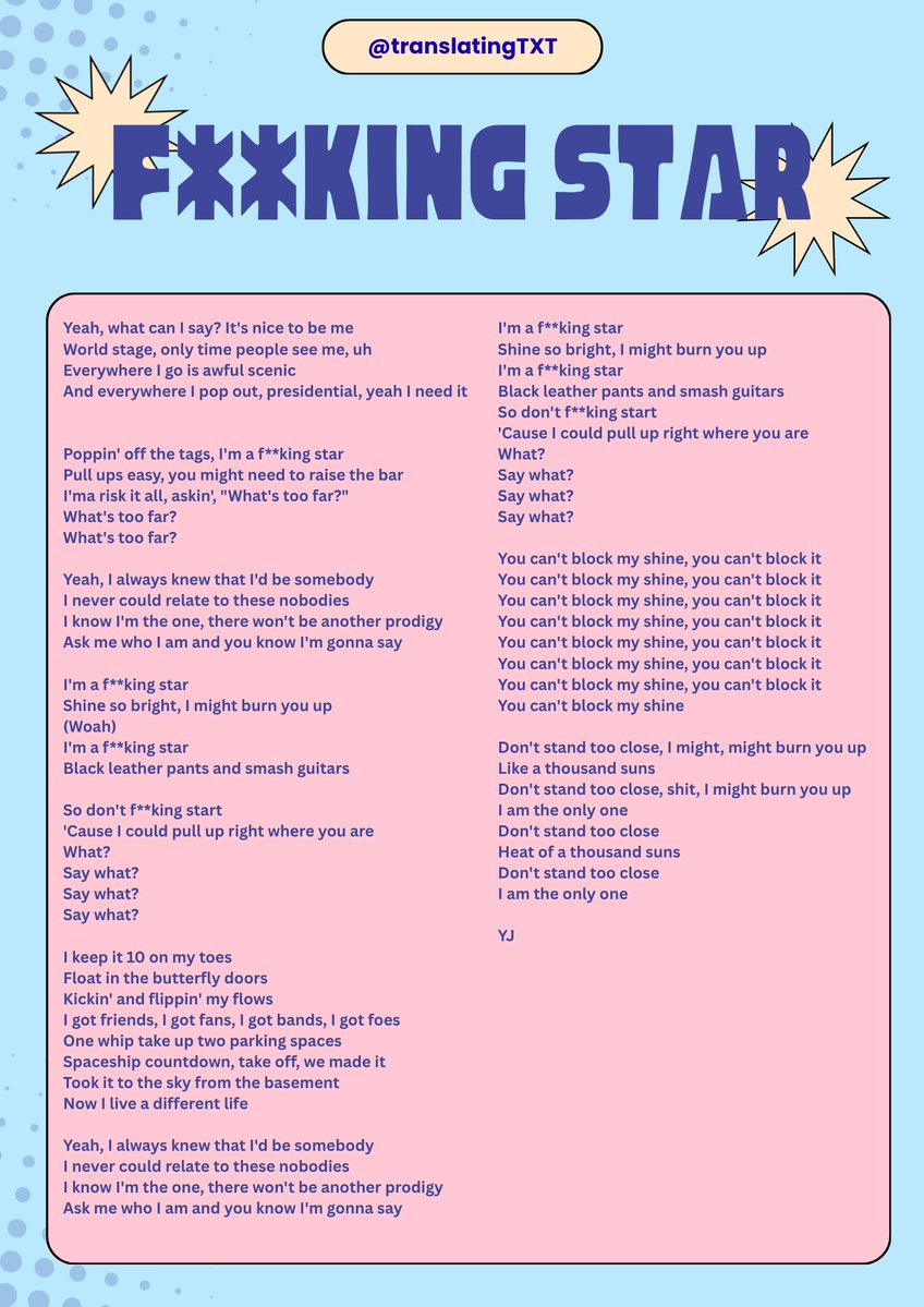 translatingTXT's tweet photo. #NOLABELS_PART02: F**king Star - Lyrics https://t.co/QIkIdMAxID