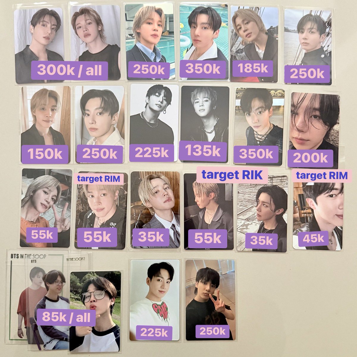 soleilIune's tweet photo. wts - want to sell - lfb
★ jimin jungkook arirang photocard ★

★ ld withmuu
★ ld pop up
★ ld weverse
★ ld jpfc
★ target
★ goyang
★ doll jimin 10cm

— exc adm 25% &amp; pack
— ww allowed with ina address
— mostly good cond

t. jm jk pc ina bts rik rim jikook suga its arirang https://t.co/5GWpm9jWTB