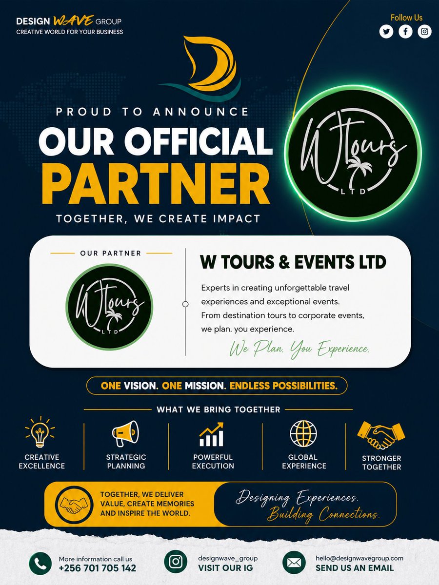 Design_wave_'s tweet photo. We're excited to announce our official partnership with W Tours &amp; Events Ltd. Together, we're combining creativity, technology, tourism, and events to deliver exceptional experiences and innovative solutions.

The journey starts now.

#designwavegroup #WToursltd #Partnership https://t.co/e2eM9B7zjD