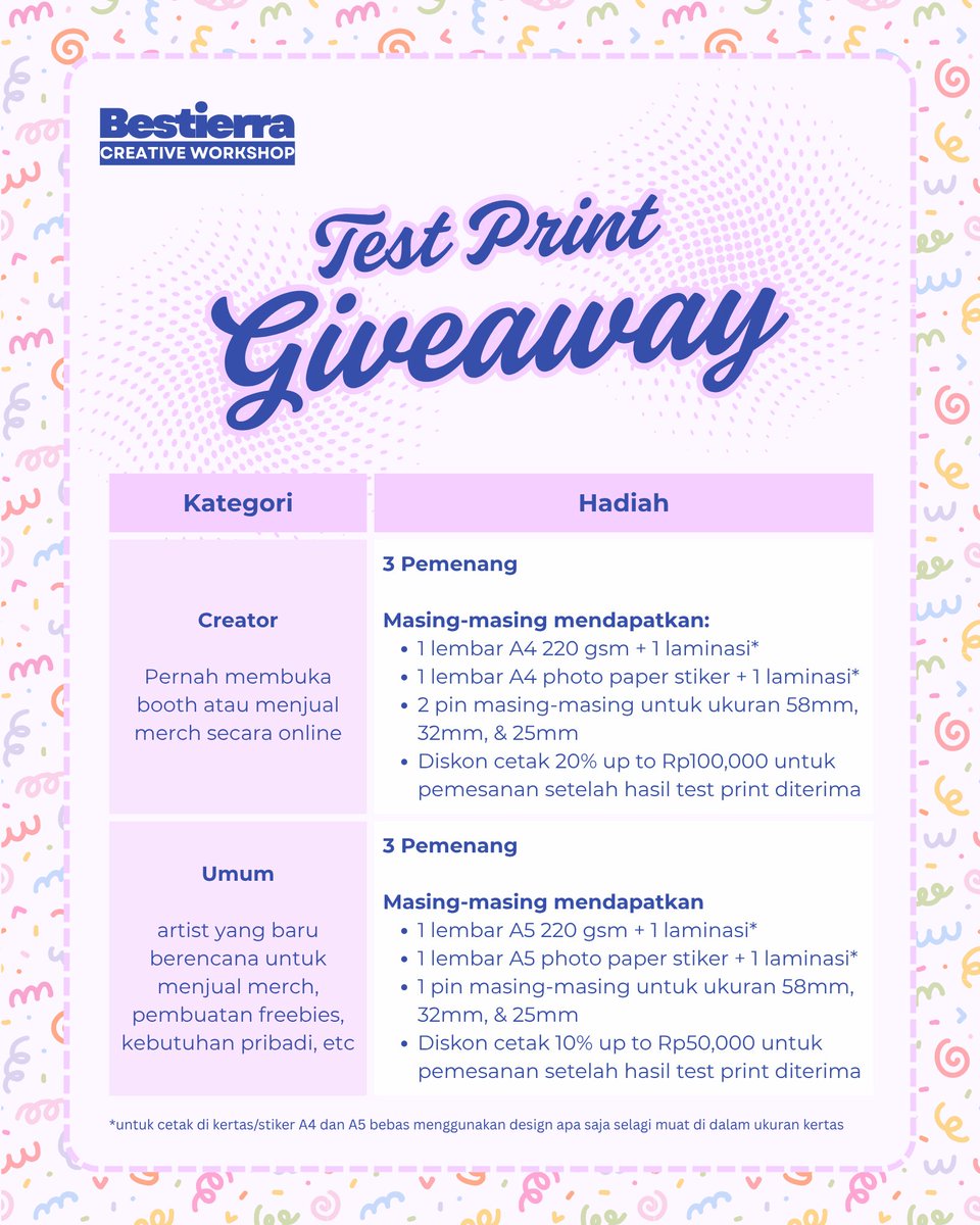 bestierra's tweet photo. ✨TEST PRINT GIVEAWAY✨

💡Syarat:
- Follow akun ini 
- Like dan share post ini 
- Like dan share pinned post 
- Coment kamu termasuk kategori apa dan rencana mau test print apa aja

📅End: 
24 Juli 2026

❗️Ongkir ditanggung pemenang

Good Luck! https://t.co/B9fEt5yYo0