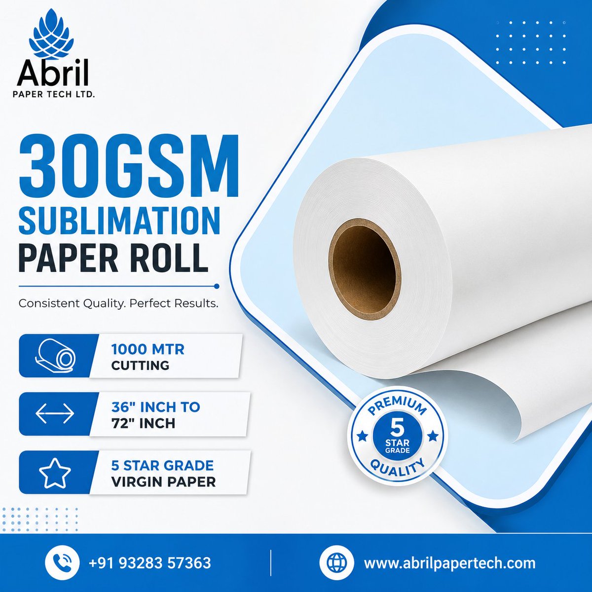 abrilpaper's tweet photo. ✅ SUBLIMATION HEAT TRANSFER PAPER ROLL 

 We are Importer and Supplier of Sublimation Heat Transfer Paper based on Surat - Gujarat.

 ▪️QUALITY WE SUPPLY ARE 
✅ 30 GSM (IMPORTED QUALITY)
✅ VIRGIN 5 STAR GRADE PAPER

▪️ Available Sizes 
 ✅ 36"(inch) TO 72"(inch)

▪️ Width
✅ 1000 MTR cutting roll

✅ To check paper quality We send free sample roll 

☎️ +91-9328357363
🌐 https://t.co/3MyVPocKGX
✉️ sales@abrilpapertech.com

Looking forward to business with you.
🏬 Abril Paper Tech Limited 
📍Surat - Gujarat.

#sublimationpaperroll
#dyesublimationpaperroll 
#heattransferpaperroll 
#sublimationheattransferpaper 
#30gsmsublimationpaper
