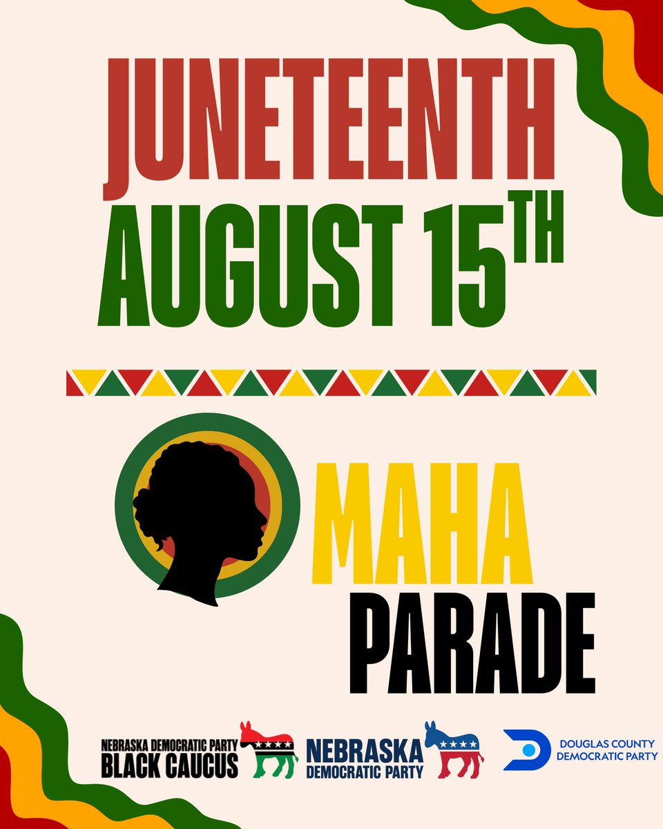 NebraskaDems's tweet photo. As many of you know, the Omaha Juneteenth Parade was rescheduled to August 15th!

Join the Black Caucus, NDP, and @NebDouglasDems as we walk as proud Dems in a few weeks. Join us in one of Omaha's most exciting community events! #NebDems

Sign up: https://t.co/aNAgraPSSi https://t.co/9vJSwG81fy