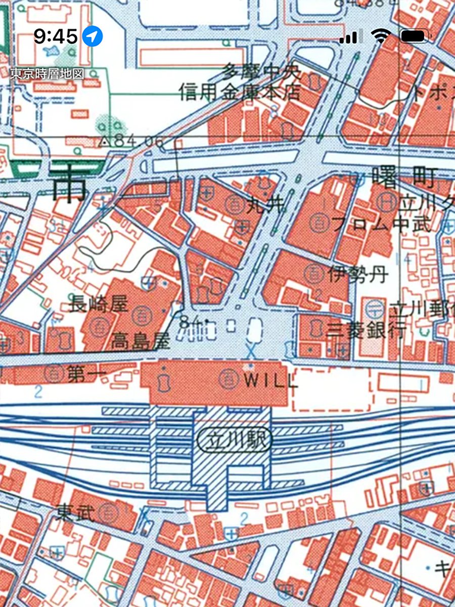 JapanMapCenter's tweet photo. 各時代の地図を見ることができるスマホアプリ #東京時層地図 。昭和から平成にかけて、1990年前後「バブル期」の範囲が拡がりました！

多摩都市モノレールが開通する前の立川駅。これから大きく変貌することになります。第一デパートも見えますね。 https://t.co/0dMox3rSjS