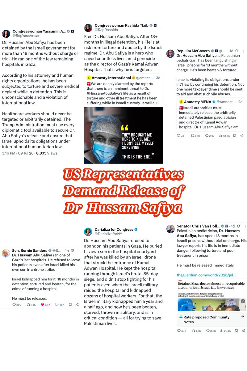 AhmadRehanKhan's tweet photo. 𝗝𝗨𝗦𝗧𝗜𝗖𝗘 𝗳𝗼𝗿 𝗗𝗿 𝗛𝘂𝘀𝘀𝗮𝗺 𝗔𝗯𝘂 𝗦𝗮𝗳𝗶𝘆𝗮:
 
The continued detention and reported torture of Dr. Hussam Abu Safiya, director of Gaza’s Kamal Adwan Hospital, is horrifying and indefensible.

Dr. Abu Safiya has reportedly been held by Israel for more than 18 months without charge or trial. His lawyers and human-rights organizations have raised grave concerns about beatings, torture, severe medical neglect, prolonged isolation, and an imminent threat to his life.

Several U.S. lawmakers, including Rep. Rashida Tlaib, Rep. Yassamin Ansari, Rep. Jim McGovern, Sen. Bernie Sanders, Darializa and Sen. Chris Van Hollen, have publicly condemned his treatment and demanded his immediate release. United Nations human-rights bodies and Amnesty International have also called for his release, access to medical care, and an end to the reported abuse of Palestinian healthcare workers.

As a physician, it deeply pains me to see a doctor punished for remaining with his patients and keeping a hospital functioning under unimaginable conditions. Healthcare workers must never be targeted, tortured, or imprisoned for doing their duty.

I am also shocked by the silence of many major medical organizations in the United States and around the world. Organizations that rightly speak out when physicians are threatened elsewhere must show the same moral courage here. Medical ethics and human rights cannot be selective.

Dr. Hussam Abu Safiya must be released immediately, or, at the very least, granted a fair and transparent legal process, independent medical care, and protection from torture and abuse.

Silence in the face of such injustice is not neutrality. It is abandonment.

#DrHussamAbuSafiya #Gaza