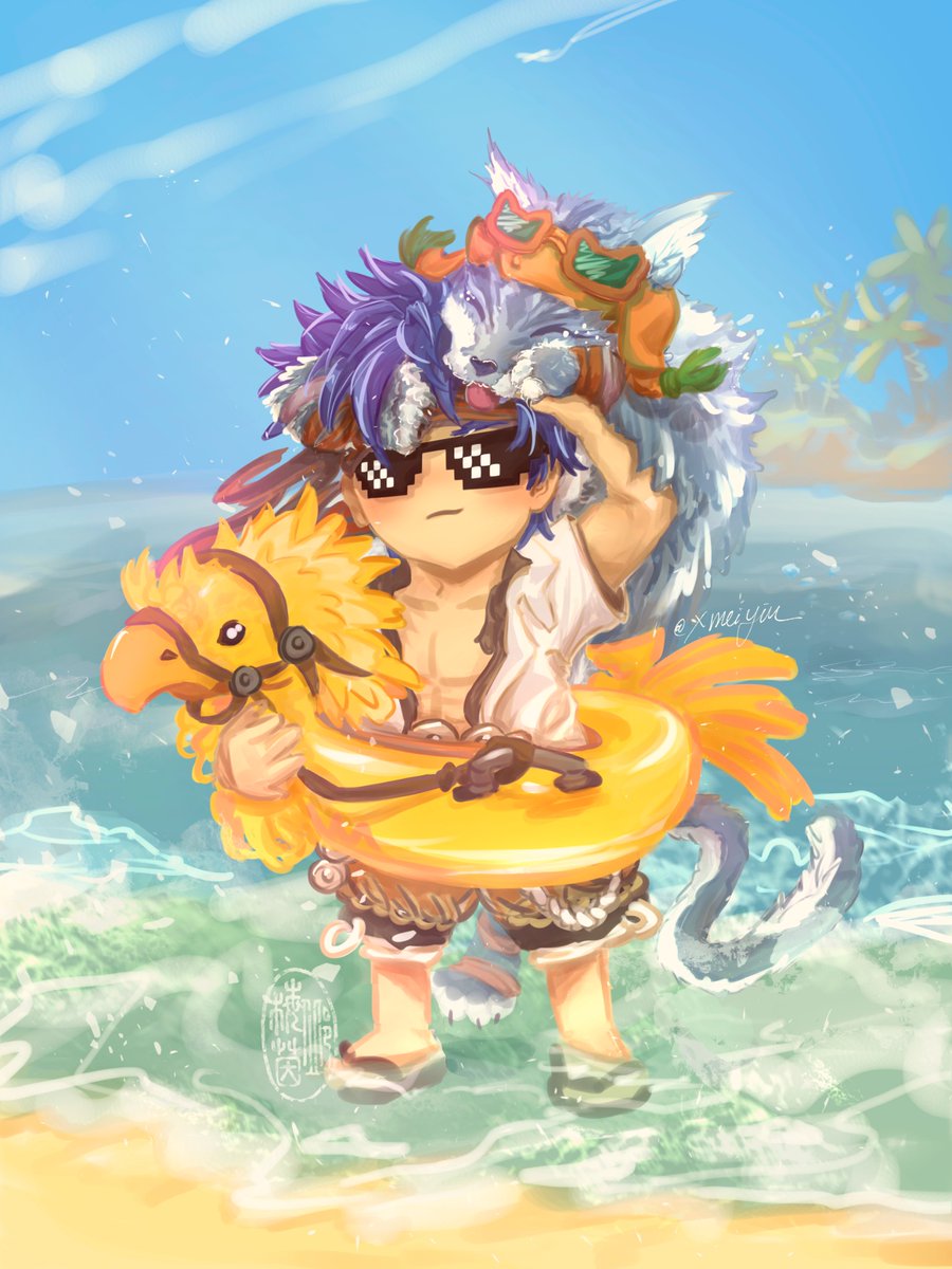 xMEIYIN's tweet photo. Revenge for @Nico_squitter who surprise attacked me with a super cute Baby Xander 🥹🫶🏼✨
Here’s Summer Ike &amp; Cat Ranulf on the beach! And a Chorkoborrr floaty! 🥳

Ike’s ready for this next heatwave! 🏝️
I wanna go to the beach too!!

#FireEmblem x #finalfantasy #feartscuffle https://t.co/Hdzvtzpexn