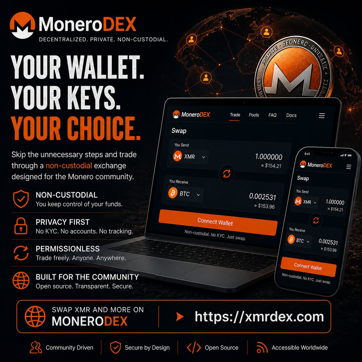 XMRDex's tweet photo. Your wallet. Your keys. Your choice.

Skip the unnecessary steps and trade through a non-custodial exchange designed for the Monero community.

Swap XMR and more on MoneroDEX.

https://t.co/79P2RToGFb

#Monero #XMR #DEX https://t.co/jDJNSgcqsT