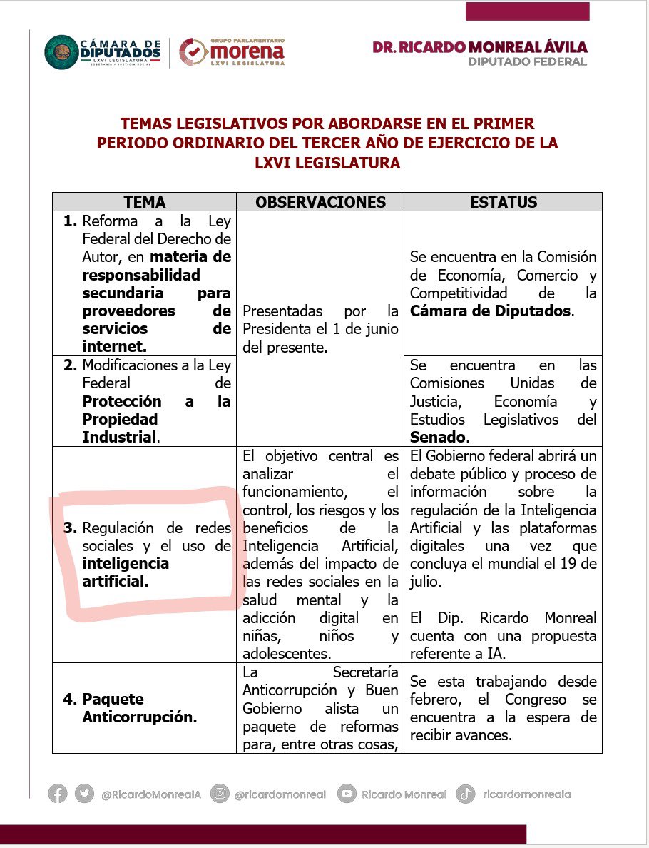 LauraBruges's tweet photo. No es por andarlos preocupando anticipadamente, pero en la agenda legislativa para el  próximo período ordinario de sesiones el GP de Morena tiene contemplado el tema de regular la IA 🤖 sí o sí. https://t.co/vDpYakkPbI