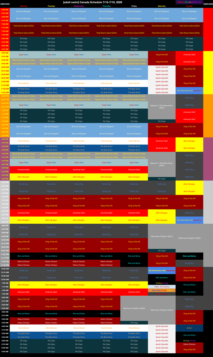 BFBBBroReturns's tweet photo. [adult swim] Canada Schedule 7/13-7/19, 2026:

Should note the Apollo Gauntlet airings are part of a rotational marathon with a different show each week.

#adultswim #adultswimcanada #apollogauntlet #schedulegrid https://t.co/TVFheUQ0oT