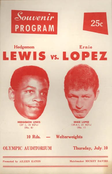 20thCentBoxIMM's tweet photo. Hedgemon Lewis wins a 10-round unanimous decision over Ernie "Indian Red" Lopez on July 10, 1969 at Olympic Auditorium in Los Angeles.

"The difference in the 10 rounder was an 8 count knockdown scored by Lewis in the 4th round. A right and left followed by a second right dumped the favored Lopez. Lopez had jumped off to an early lead, but the knockdown was the turning point in Lewis's favor. Lopez came back strong in the 9th round, but the speedy, elusive Detroiter managed to avoid trouble." reported The Ring magazine in it's October 1969 issue.

The California papers didn't see it the same.

On their unofficial scorecards the LA Times had it 6-4, the Pomona Progress-Bulletin  had it 5-3 and the Pasadena Star-News had it 6-3, all for Lopez.

"I don't care if I lose my license. It was the worst verdict I ever saw. 'Red' won it all the way."  said Howie Steindler, Lopez' manager, addressing members of the State Athletic Commission.

"My right hand that dropped him was a thing of beauty. Yes, I did get hurt myself at times during the fight. You can't go 10 rounds with such a puncher without knowing it. I was hurt but never shook up." remarked Hedgemon Lewis.

They'd rematch in October at the LA Sports Arena with Lopez scoring a 10th round TKO.