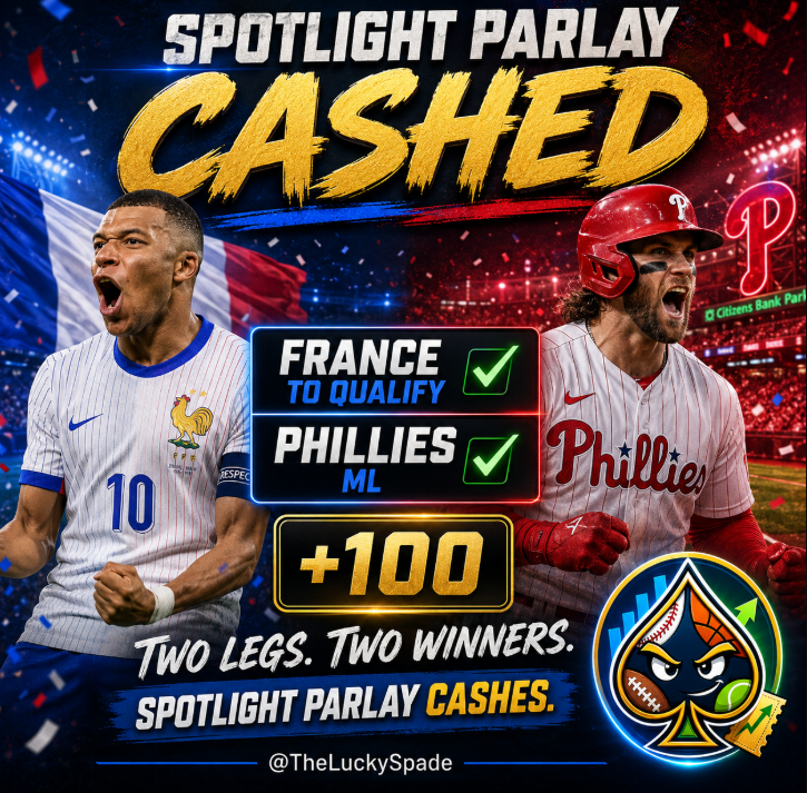 LuckySpadey's tweet photo. Spotlight Parlay CASHES ✅

🇫🇷 France to Qualify
⚾ Phillies ML
💰 +100

Two legs, two winners. Even-money odds and the stake gets doubled.

#MLB #Phillies https://t.co/iVYgL4sq6U