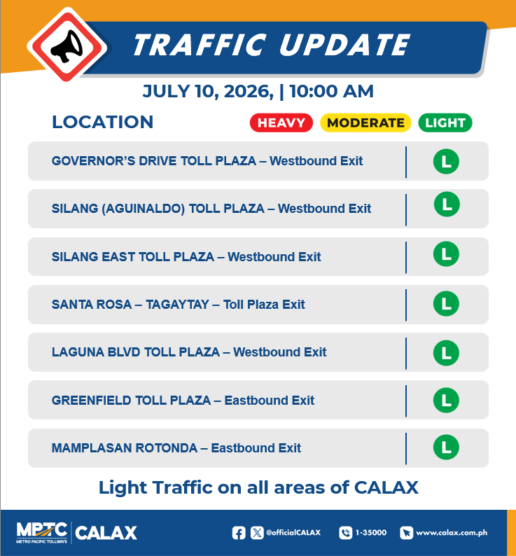 OfficialCALAX's tweet photo. July 10,2026 | 10:00 AM
Incase of Emergencies and Assistance 
Dial 24/7 Hotline 1-35000 
Check your BLOWBAGETS 
Drive safe Ka-Drayberks! https://t.co/z5X9EizVDo