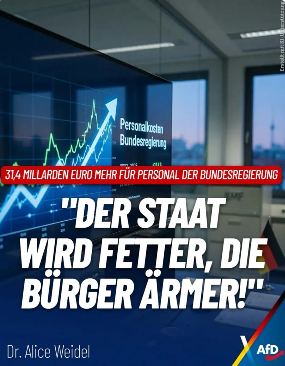 Eflatunfeylesof's tweet photo. Die Personalausgaben steigen weiter. Versprochen war das Gegenteil. Unter Schwarz-Rot wachsen nur noch Bürokratie, Steuern und Schuldenberge. Der Staat wird fetter, die Bürger ärmer. Deutschland braucht eine AfD-Reformregierung🇩🇪 https://t.co/yxRcVqDFxV