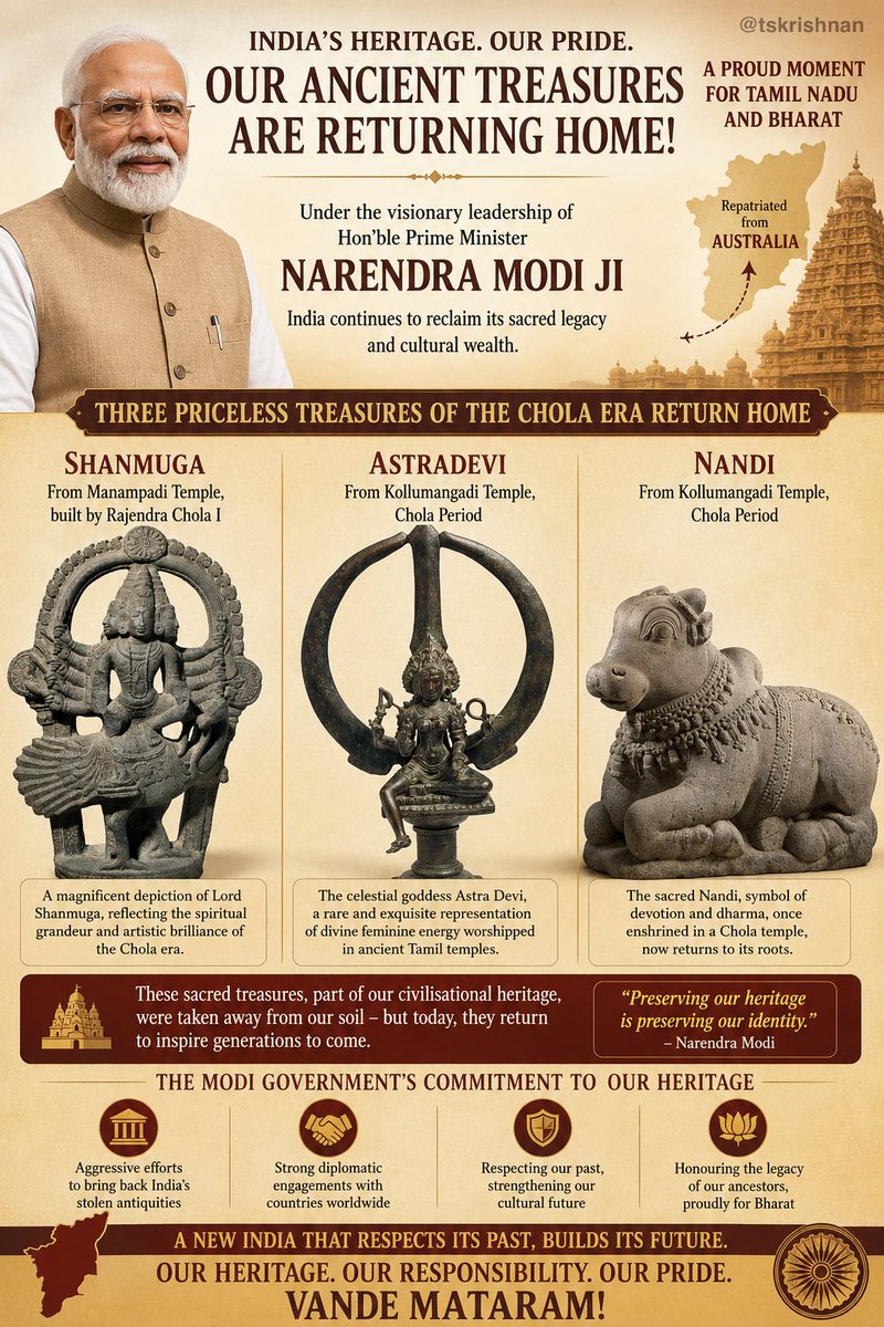 tskrishnan's tweet photo. Another proud moment for Tamil Nadu and Bharat! 🇮🇳

Three priceless Chola era vigrahas have been repatriated from Australia under the leadership of PM Shri @narendramodi ji.     This is truly an occasion to celebrate. https://t.co/YadgkJEZTO