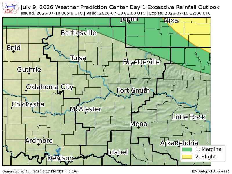 225AlertsAR's tweet photo. WPC issues Day 1 Marginal Risk Excessive Rainfall Outlook at Jul 10, 0:49z for TSA https://t.co/WZN2SeU34S https://t.co/jPR5KGltPU