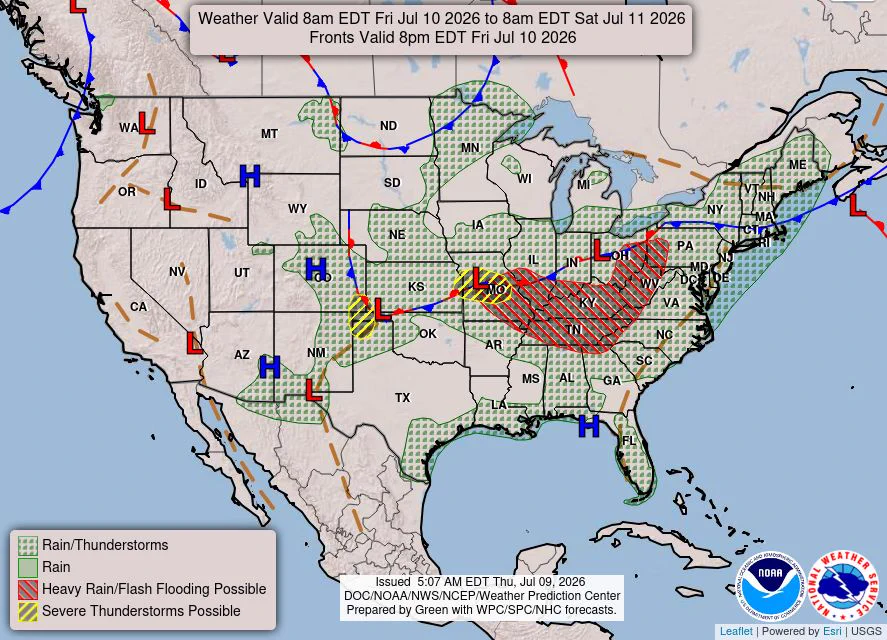 U.S. weather map valid Jul 10, 2026 showing widespread rain and thunderstorms, a red‑hatched area over the Midwest and Ohio Valley for heavy rain/flash flooding risk, yellow hatching for possible severe storms, and frontal boundaries with high/low centers.