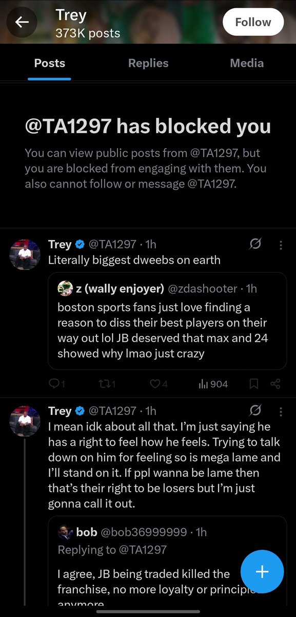 B_Rose05's tweet photo. Blocked me for saying he's too emotional about JB 😂 it sucks JB is gone. But a grown man, father of 3, is tweeting every 5 mins screaming about "being snaked" &amp; fake Celtics fans lmao literally crashing out https://t.co/e5AoAFiMd4