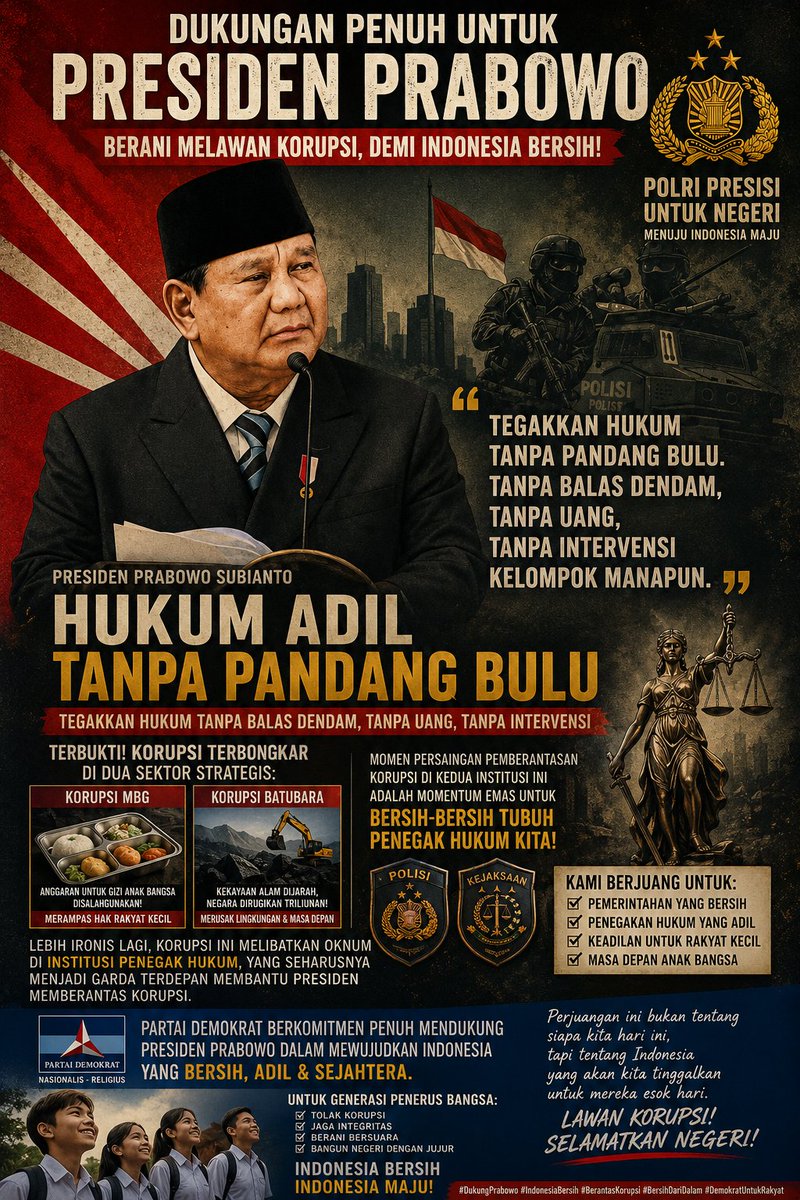 RicKY_KCh's tweet photo. Ini bukan cuma soal siapa mendukung siapa.

Ini soal masa depan Indonesia.

Saat anggaran untuk gizi anak-anak bangsa diselewengkan, saat kekayaan alam bernilai triliunan dijarah, itu bukan lagi sekadar korupsi. Itu pengkhianatan terhadap cita-cita kemerdekaan dan hak rakyat.

Saya berdiri mendukung Presiden @prabowo dalam upaya menegakkan hukum dengan tegas dan adil.

Hukum harus berjalan tanpa pandang bulu. Tanpa dendam politik, tanpa permainan uang, dan tanpa intervensi dari kelompok mana pun.

Indonesia tidak akan pernah menjadi negara maju kalau hukum masih bisa dibeli. Kemandirian bangsa hanya bisa terwujud jika hak rakyat kecil tidak terus dirampas oleh para koruptor.

Karena itu, momentum bersih-bersih di tubuh penegak hukum harus kita kawal bersama. Jangan biarkan kesempatan ini lewat begitu saja.

Lawan korupsi. Selamatkan negeri.

Indonesia bersih, Indonesia maju, menuju Indonesia Emas 2045.

#DukungPrabowo #IndonesiaBersih #HukumAdilTanpaPandangBulu #IndonesiaEmas2045