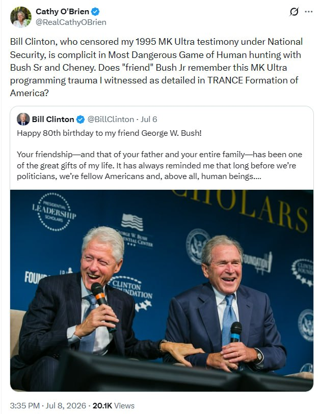 JackStr42679640's tweet photo. Bill Clinton...is complicit in Most Dangerous Game of Human hunting with Bush Sr and Cheney.

AGL https://t.co/zu4VgkQ0Ud