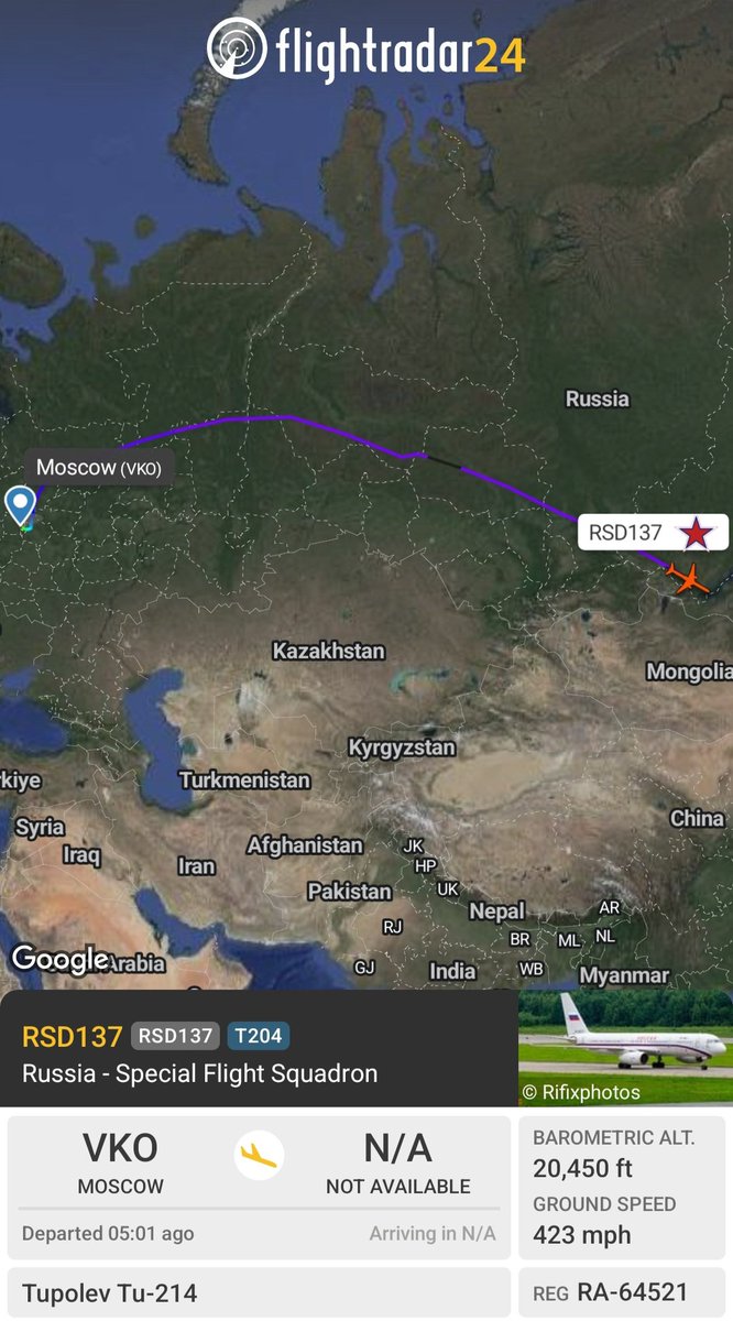 Borrowed7Time's tweet photo. Russia Special Flight Squadron Tu-214 RA-64521 #14FC09 RSD137 en route from Moscow (VKO) to Irkutsk.
@sipjack1776 @thereccelizard @holgidaun @RBbethetruth @LadyAstroJet https://t.co/9sA54ZeRYZ